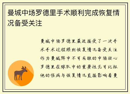 曼城中场罗德里手术顺利完成恢复情况备受关注 曼城中场罗德里手术顺利完成恢复情况备受关注