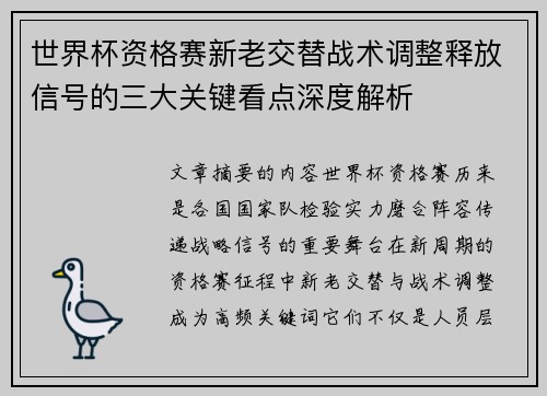 世界杯资格赛新老交替战术调整释放信号的三大关键看点深度解析 世界杯资格赛新老交替战术调整释放信号的三大关键看点深度解析
